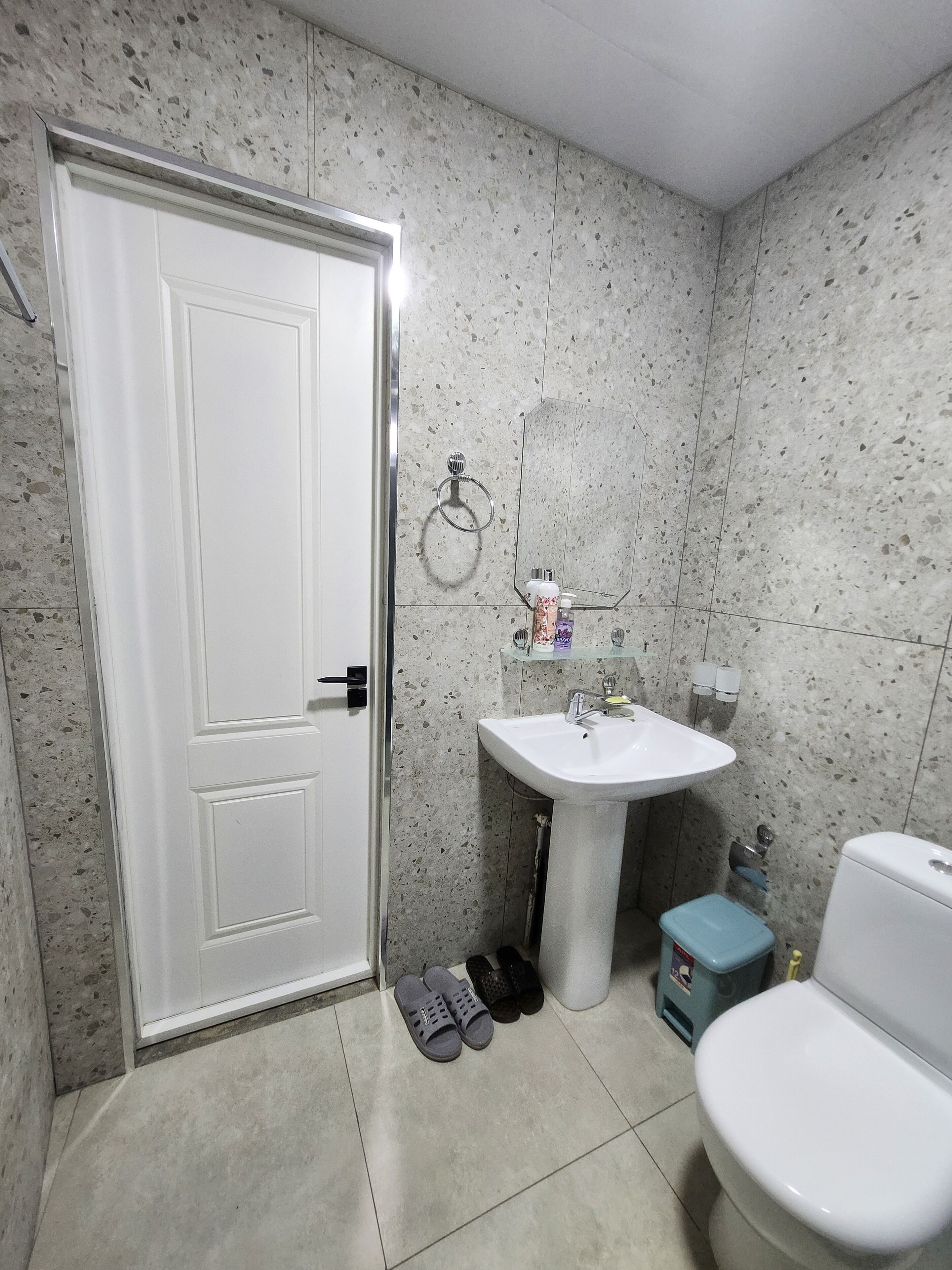 A bathroom with a white door, a pedestal sink, a toilet, and a small trash bin.