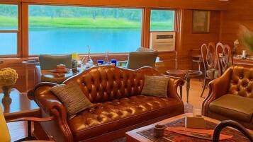 Smart TV, fireplace, books, video library