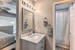 Hair dryer, towels, soap, shampoo