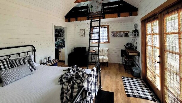 A cozy room with a bed, a desk, and a ladder. - Dinosaur Crossing Guesthouse With Loft (Glen Rose)