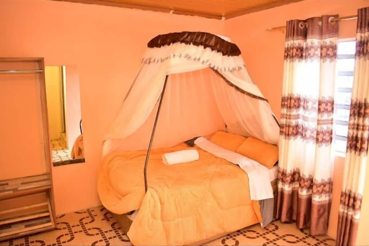 Une chambre à coucher avec un lit à baldaquin, un miroir et des rideaux à motifs.