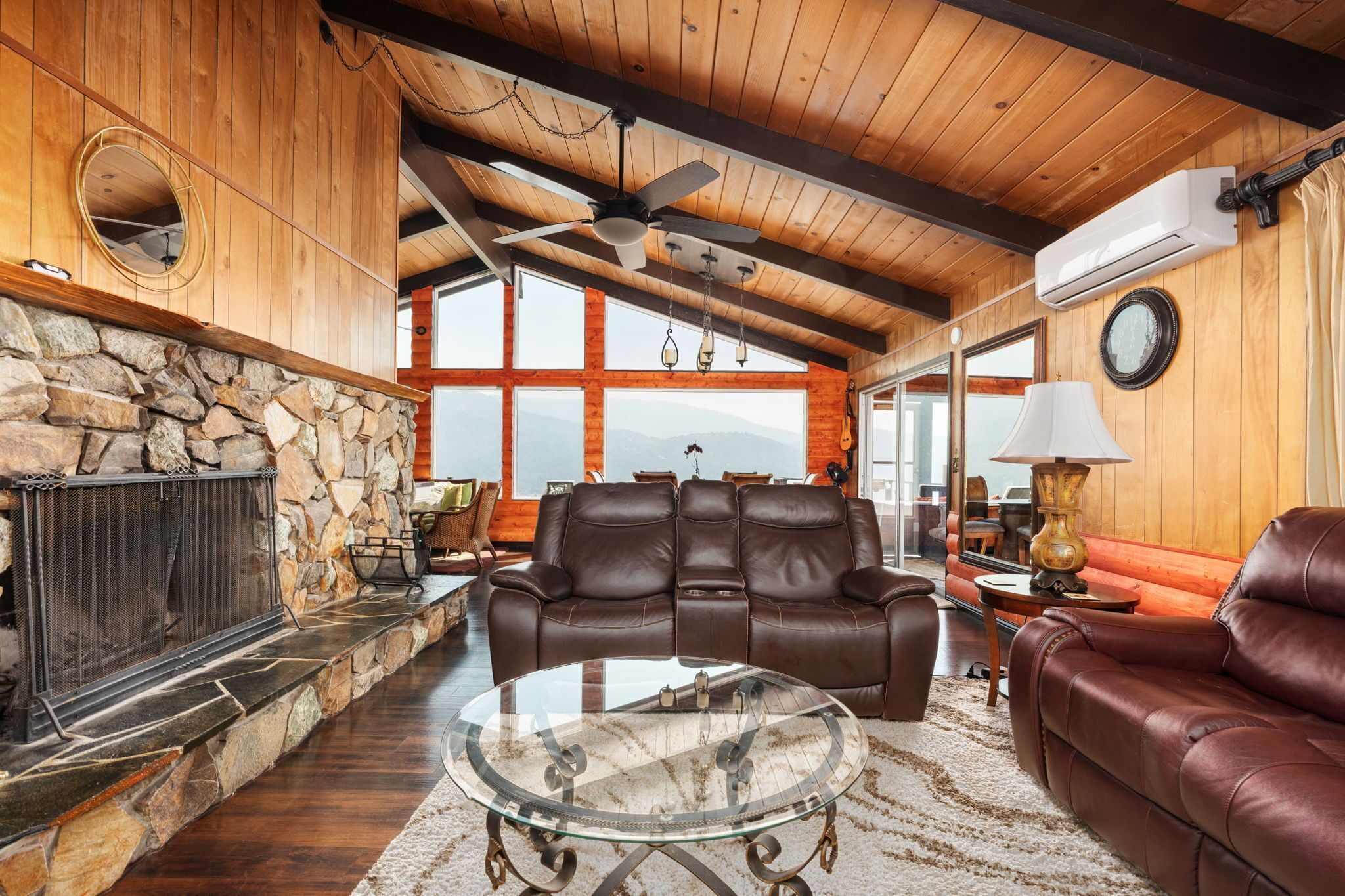 TV, fireplace, books