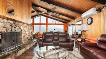 TV, fireplace, books