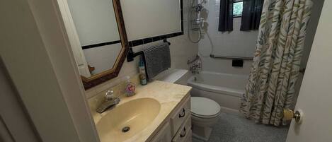 Une salle de bain équipée d’un lavabo, de toilettes, d’une baignoire et d’une douche.