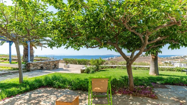 A patio with a wooden chair and a green chair, surrounded by lush greenery and a view of the sea. - Apartment '5' with Sea View, Wi-Fi and Air Conditioning (Tinos)