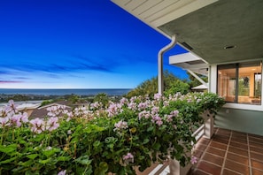 Un balcón con vistas al océano, una escalera y una casa con jardín.