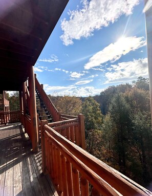 A wooden deck with a staircase leading to a covered area, surrounded by trees and a clear sky.