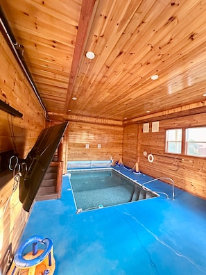 A wooden cabin interior with a pool area, including a diving board and a slide.