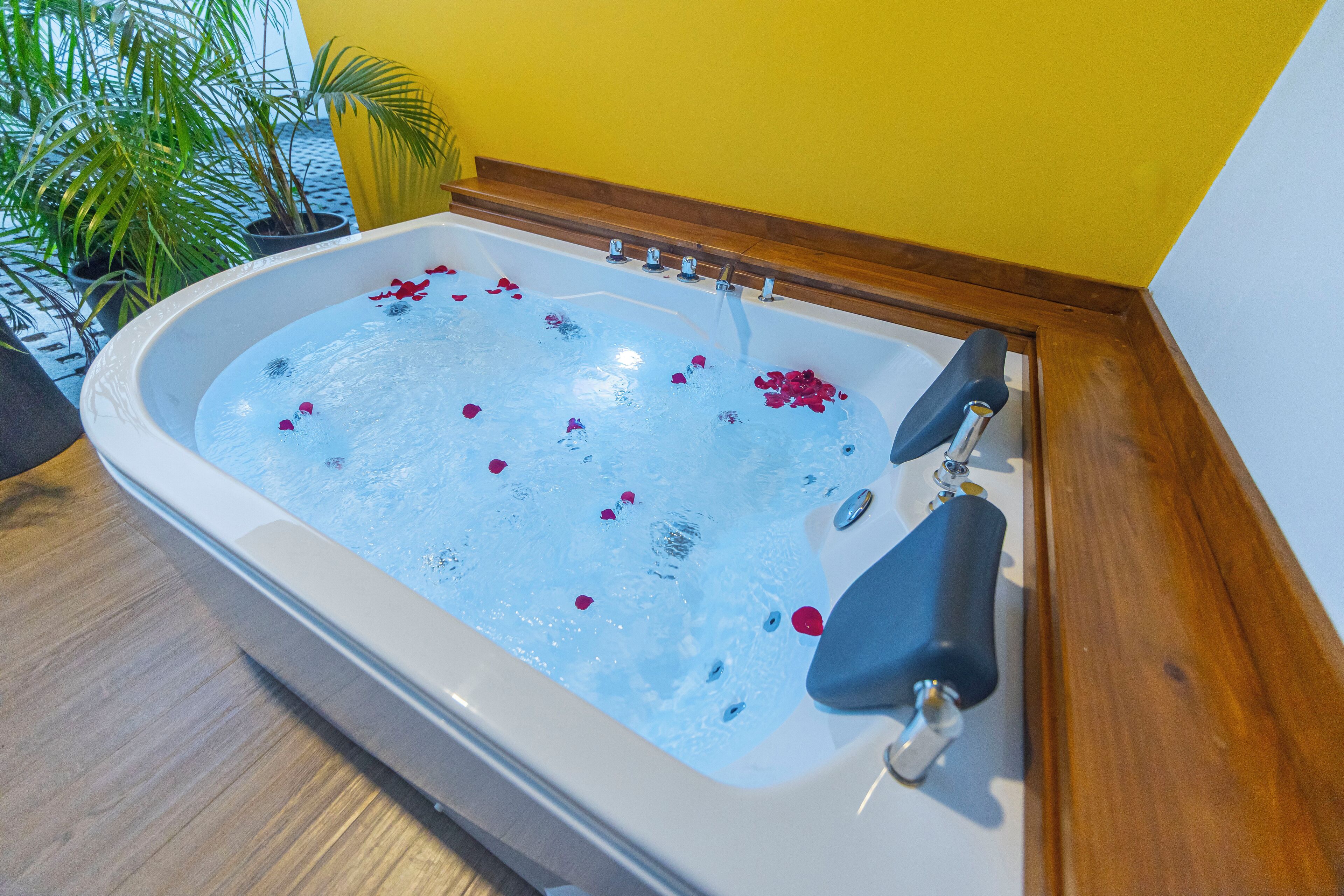 Une baignoire remplie de pétales de rose, avec des éléments décoratifs en bois et une plante en pot en arrière-plan.