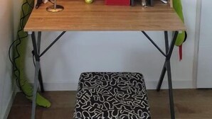 A small desk with a lamp, a chair, and a wall-mounted picture. - My little house: out of sight, out of mind (Acquigny)