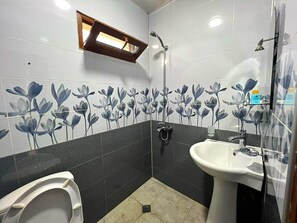 Hair dryer, towels, soap, toilet paper