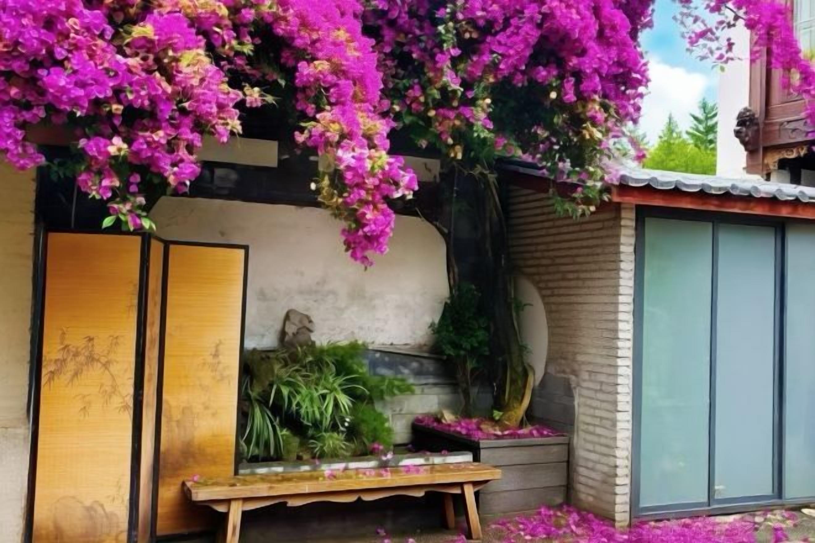 Un bâtiment avec un banc en bois, une sculpture en pierre et un mur avec une fenêtre.