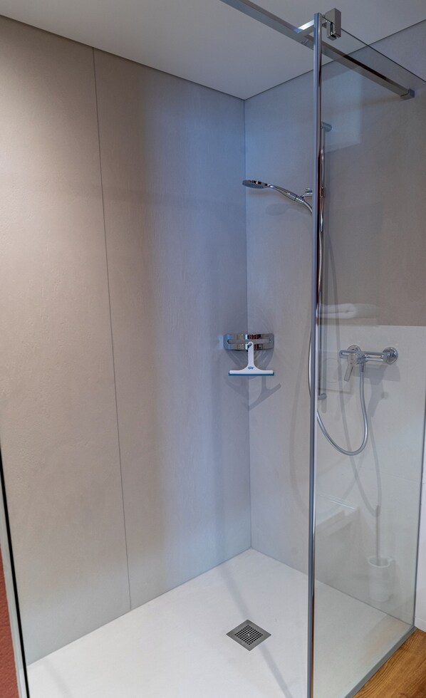 A modern shower with a glass door, a handheld showerhead, and a wall-mounted faucet. - Gasthof zum Reh - Self-Check-in (Herbetswil)
