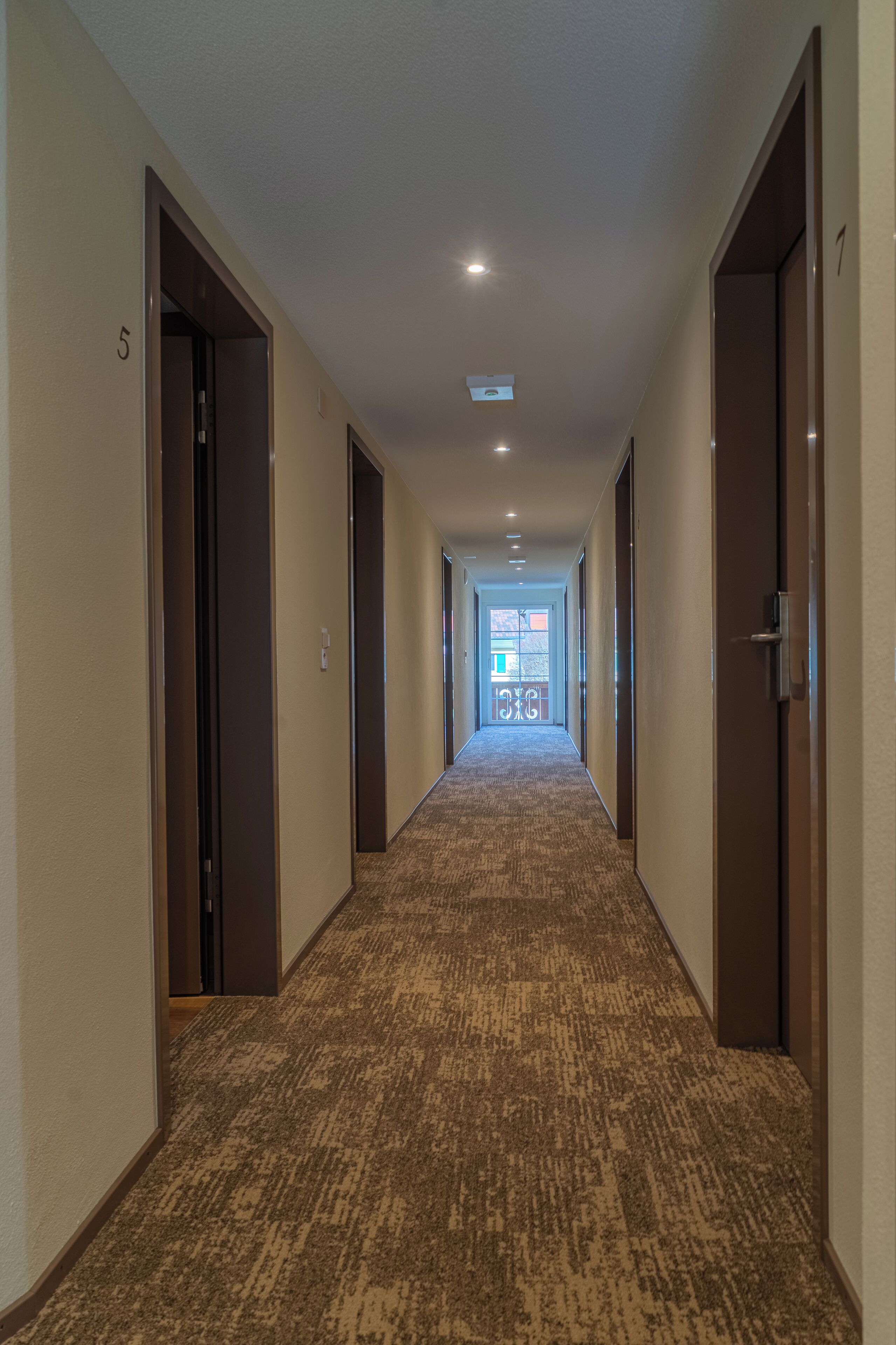 A hallway with carpeted floors, doors on both sides, and a ceiling light.