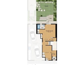 A floor plan of a house with a garden, patio, bathroom, garden suite, foyer, and entry.