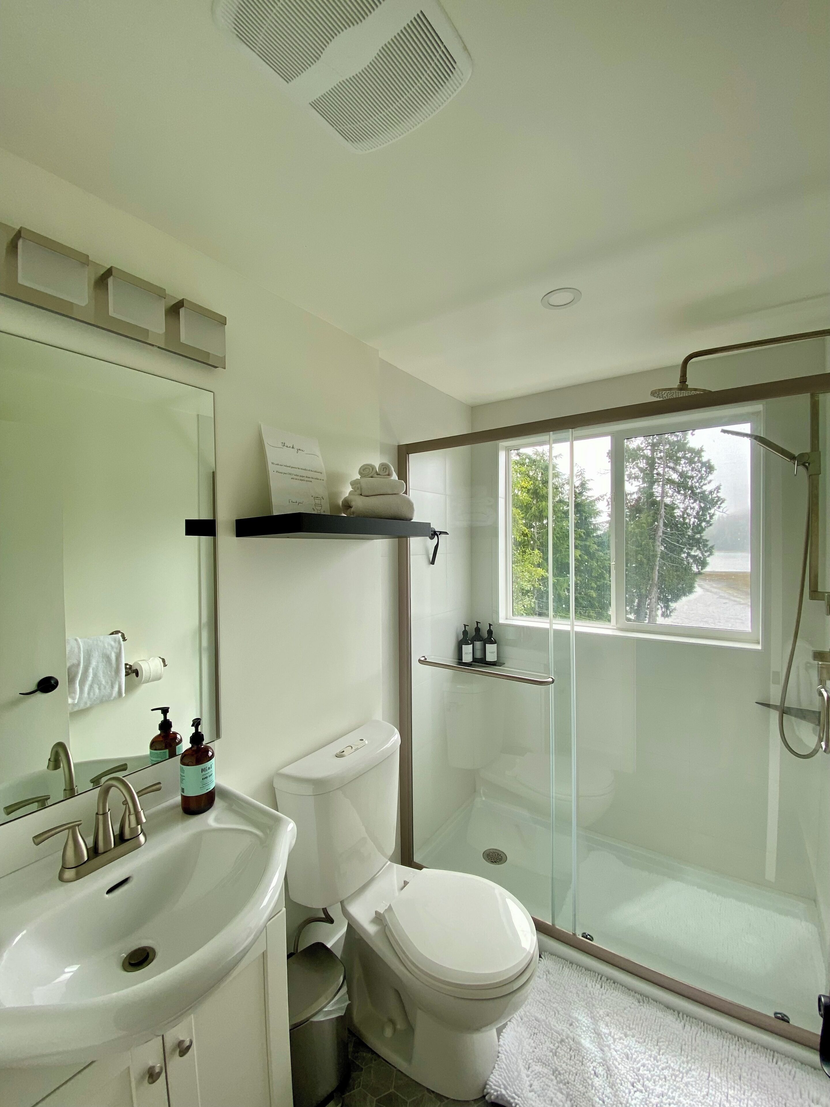 Shower, towels, soap, toilet paper