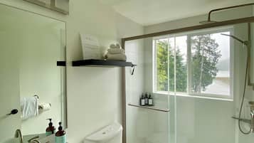 Shower, towels, soap, toilet paper