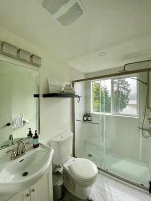 Douche, serviettes fournies, savon, papier toilette