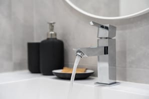 Shower, hair dryer, towels