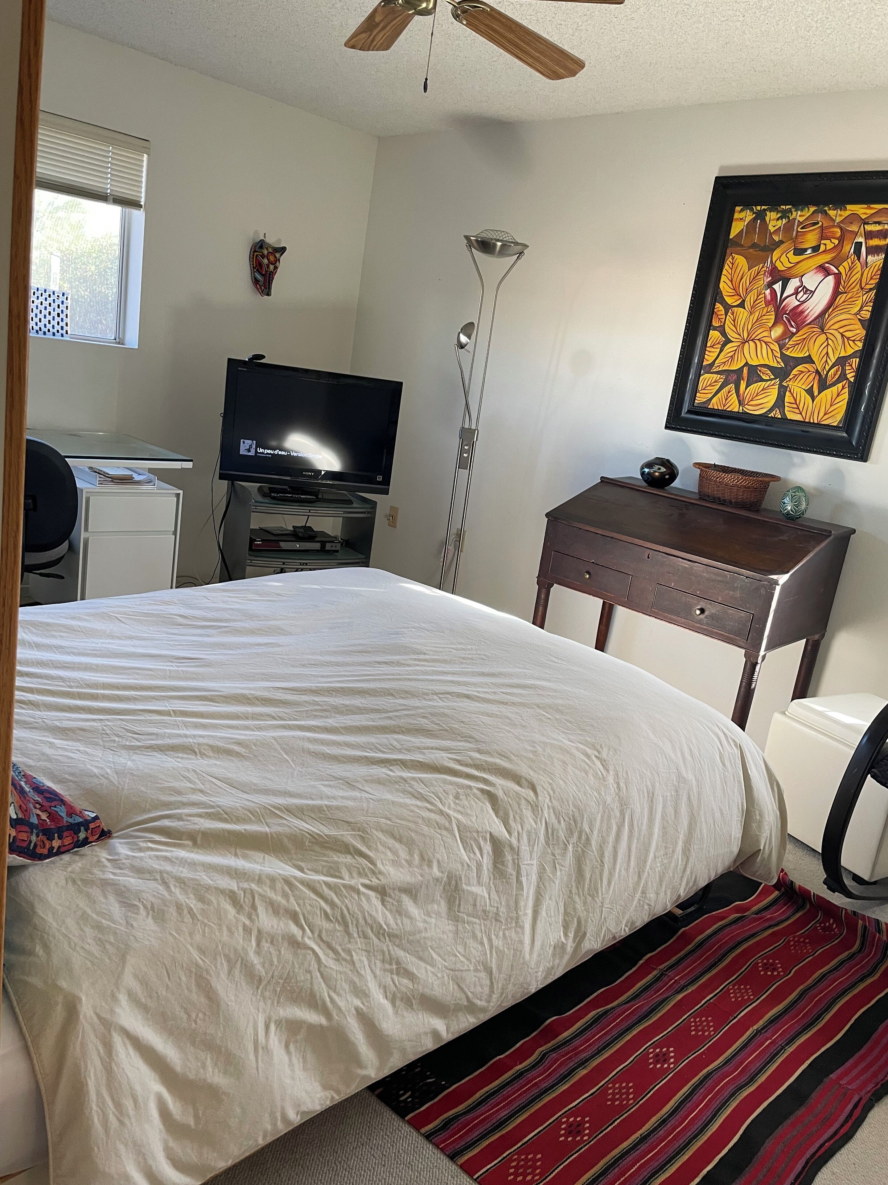 Un dormitorio con una cama, un escritorio con ordenador, una televisión y un cuadro colgado en la pared.