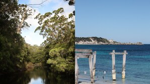 A serene forested area with a calm river and a coastal scene with wooden structures near the water. - Terrace Haus Margaret River (Margaret River)