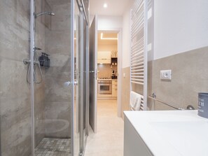 Shower, hair dryer, bidet, towels