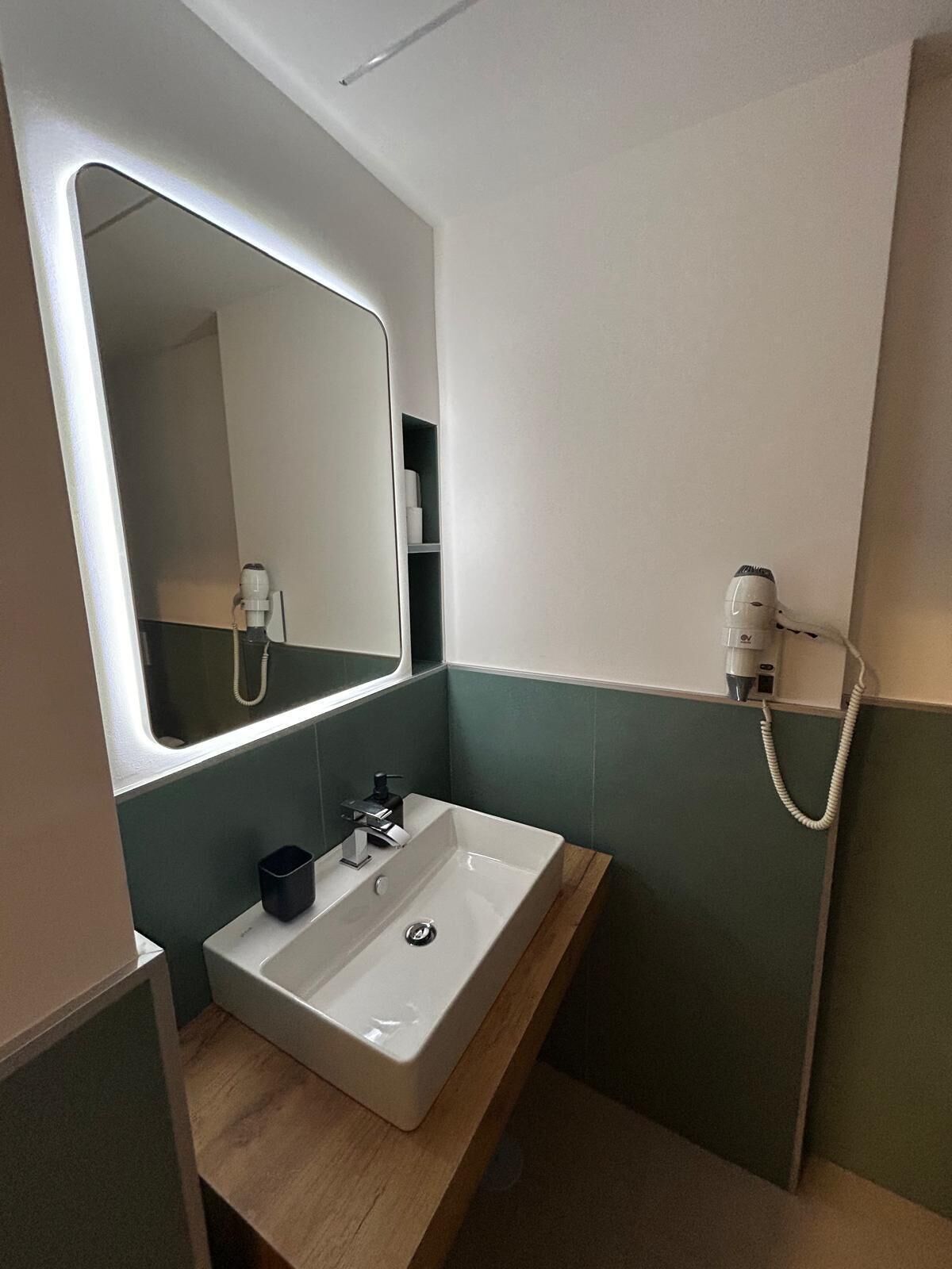 A compact bathroom with a white sink, a mirror, and a handheld showerhead.