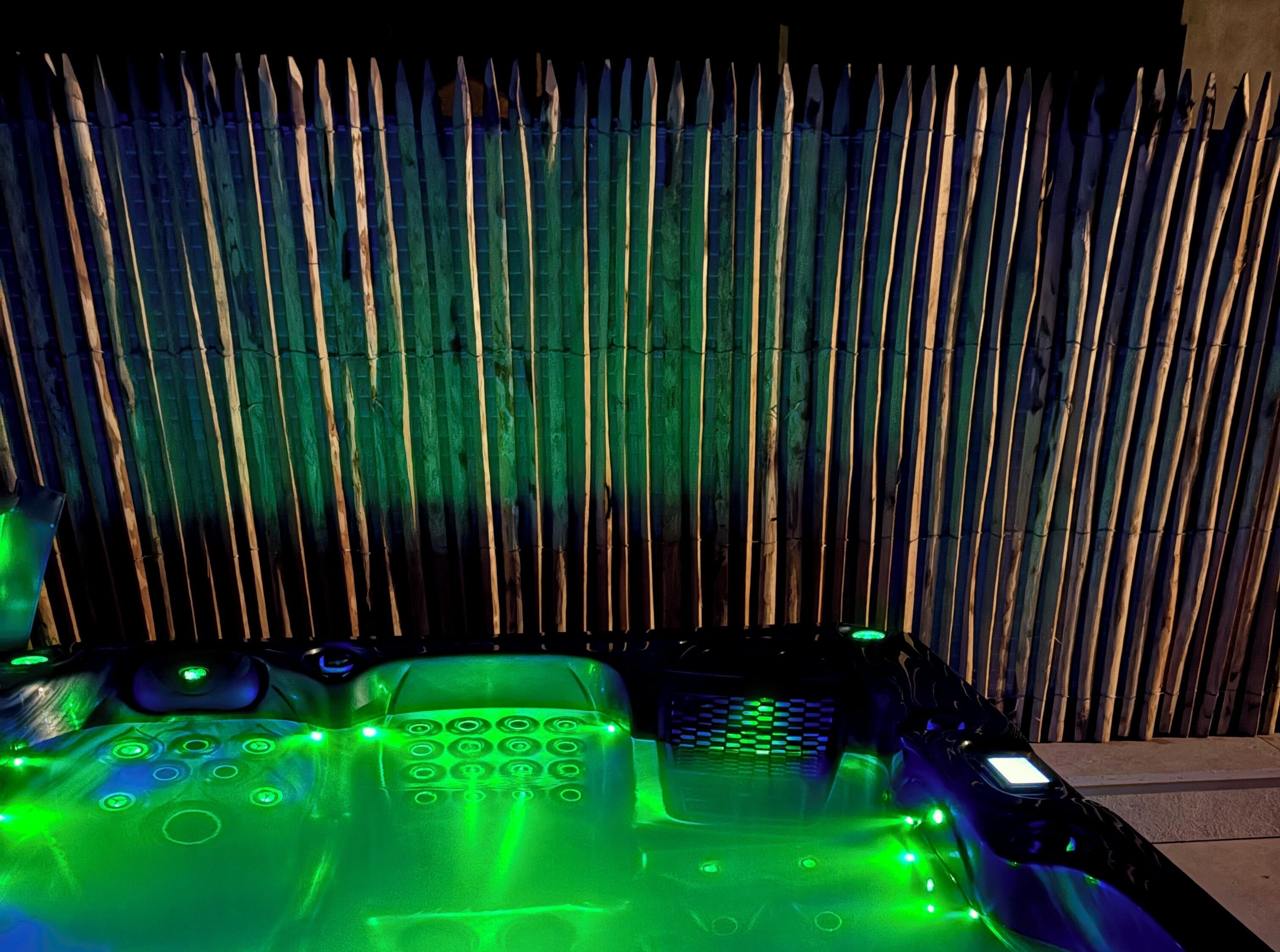 A room with a bamboo wall, a bed with a green-lit control panel, and a window.