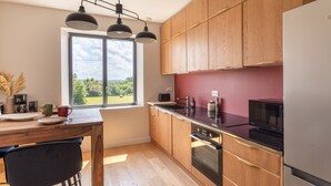 A modern kitchen with wooden cabinets, a black countertop, and a window with a view of greenery.