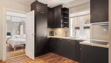 Deluxe Apartment, 2 Bedrooms, Private Bathroom, City View | Private kitchen | Fridge, microwave, oven, stovetop