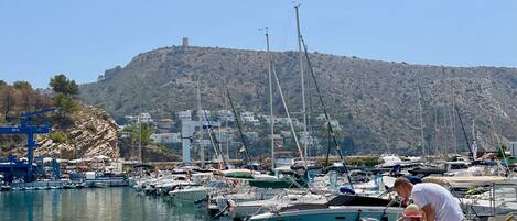 A marina with boats docked, a man and a child by the water, and a hill with buildings in the background.