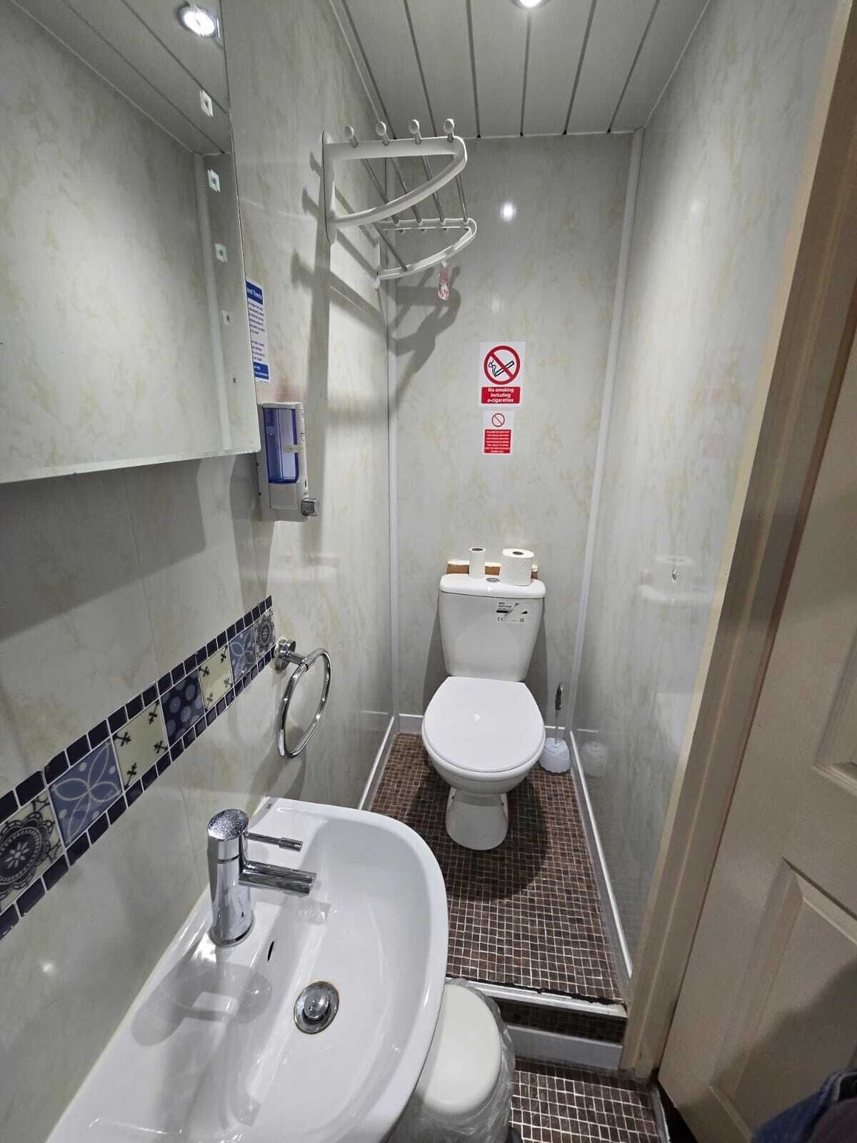 Ein kleines Badezimmer mit Waschbecken, Toilette und Dusche.
