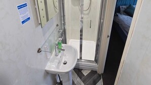 A modern bathroom with a glass-enclosed shower, a white sink, and a mirror.