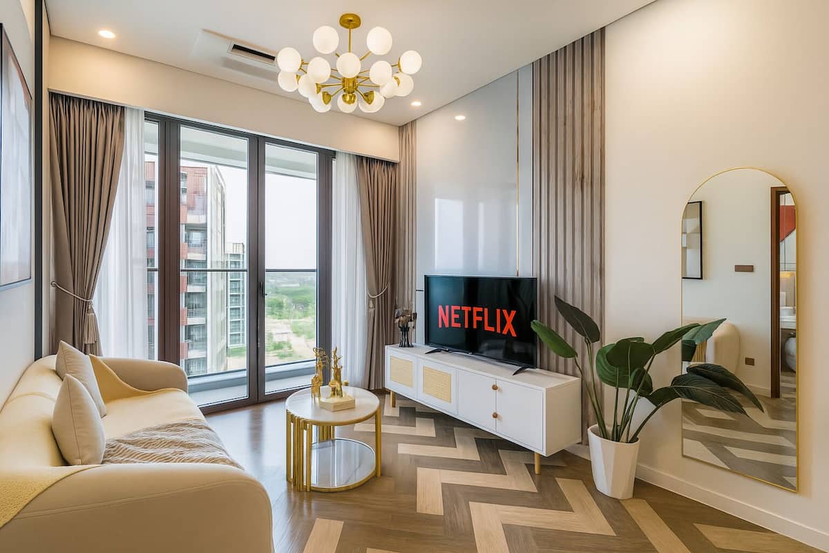Apartemen Basic, 1 kamar tidur, balkon, pemandangan kota | Seprai antialergi, minibar, meja kerja, dan ruang kerja ramah laptop