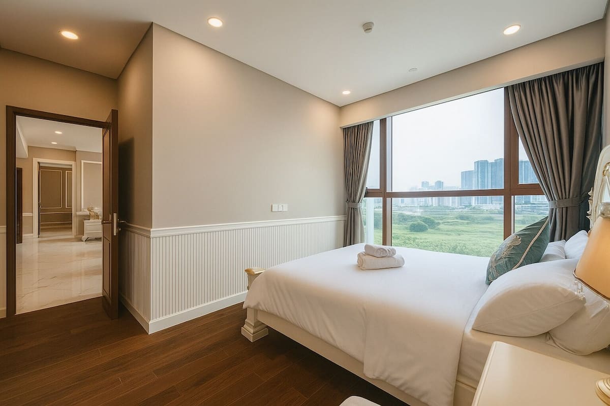 Apartemen Basic, 3 kamar tidur, balkon, pemandangan kota | Seprai antialergi, minibar, meja kerja, dan ruang kerja ramah laptop