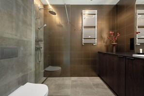 Dusche, Haartrockner, Handtücher, Shampoo