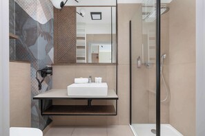 Shower, hair dryer, towels, shampoo