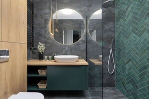 Shower, hair dryer, towels, shampoo