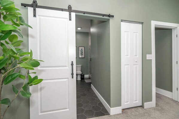 A hallway with a sliding door, a toilet, and a plant.