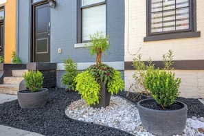A landscaped garden with various potted plants and a small stone pathway.