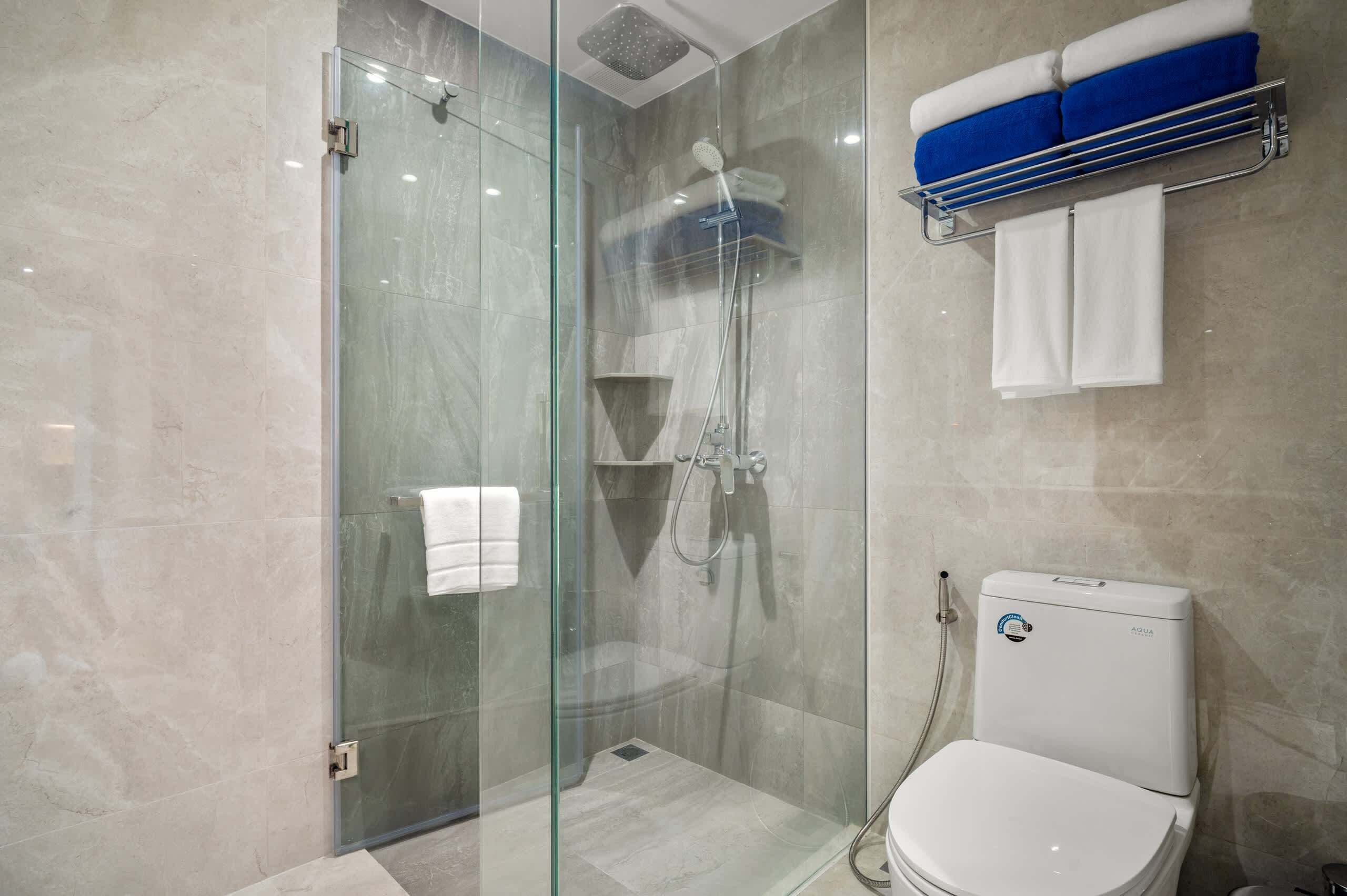 A modern bathroom with a glass-enclosed shower, a toilet, and a towel rack with folded towels.