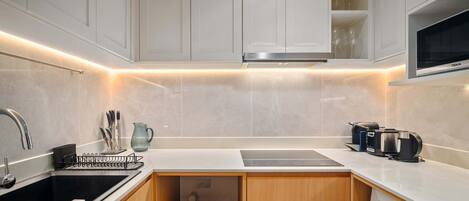 Fridge, microwave, electric kettle, toaster