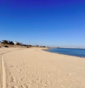 A sandy beach with footprints, a clear blue sky, and a distant pier.