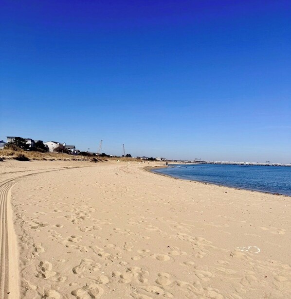 A sandy beach with footprints, a clear blue sky, and a distant pier.