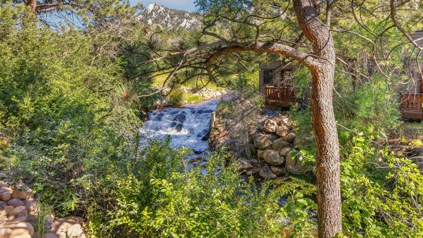 A natural landscape with a small waterfall, dense greenery, and a wooden cabin.