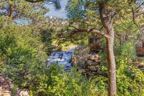 A natural landscape with a small waterfall, dense greenery, and a wooden cabin. - Mountain Riverfront Retreat - Walk to Downtown - Mins to RMNP (Estes Park)