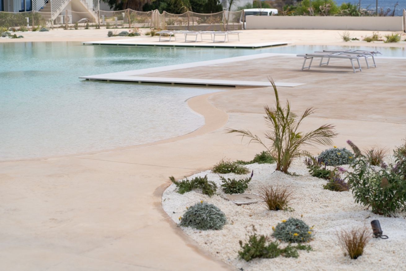 A pool area with a sandy beach, lounge chairs, and a small garden with various plants.
