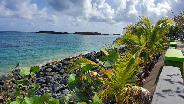 Une plage tropicale bordée d’une côte rocheuse, avec des palmiers et une vue dégagée sur l’océan et les îles lointaines.