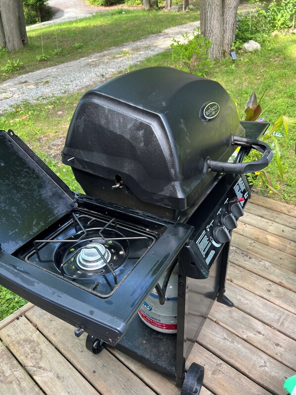 Una parrilla de gas portátil con panel de control y tanque de propano.