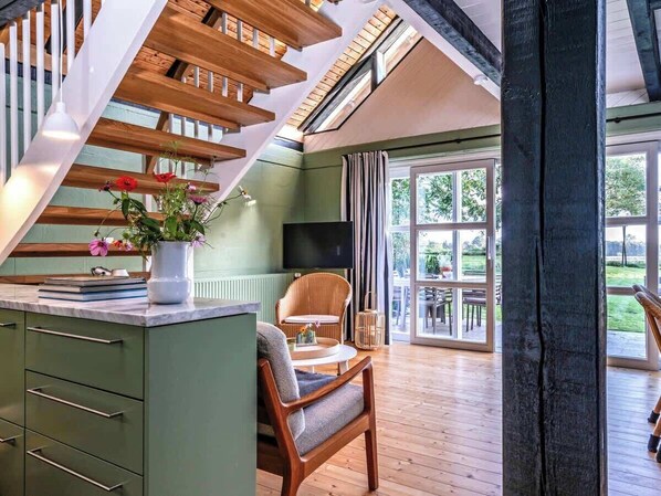 TV, fireplace, books, offices